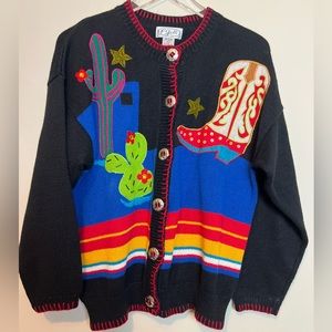 Vintage P Galli Cardigan Sweater L Southwest Cowboy Boot Cactus Beading